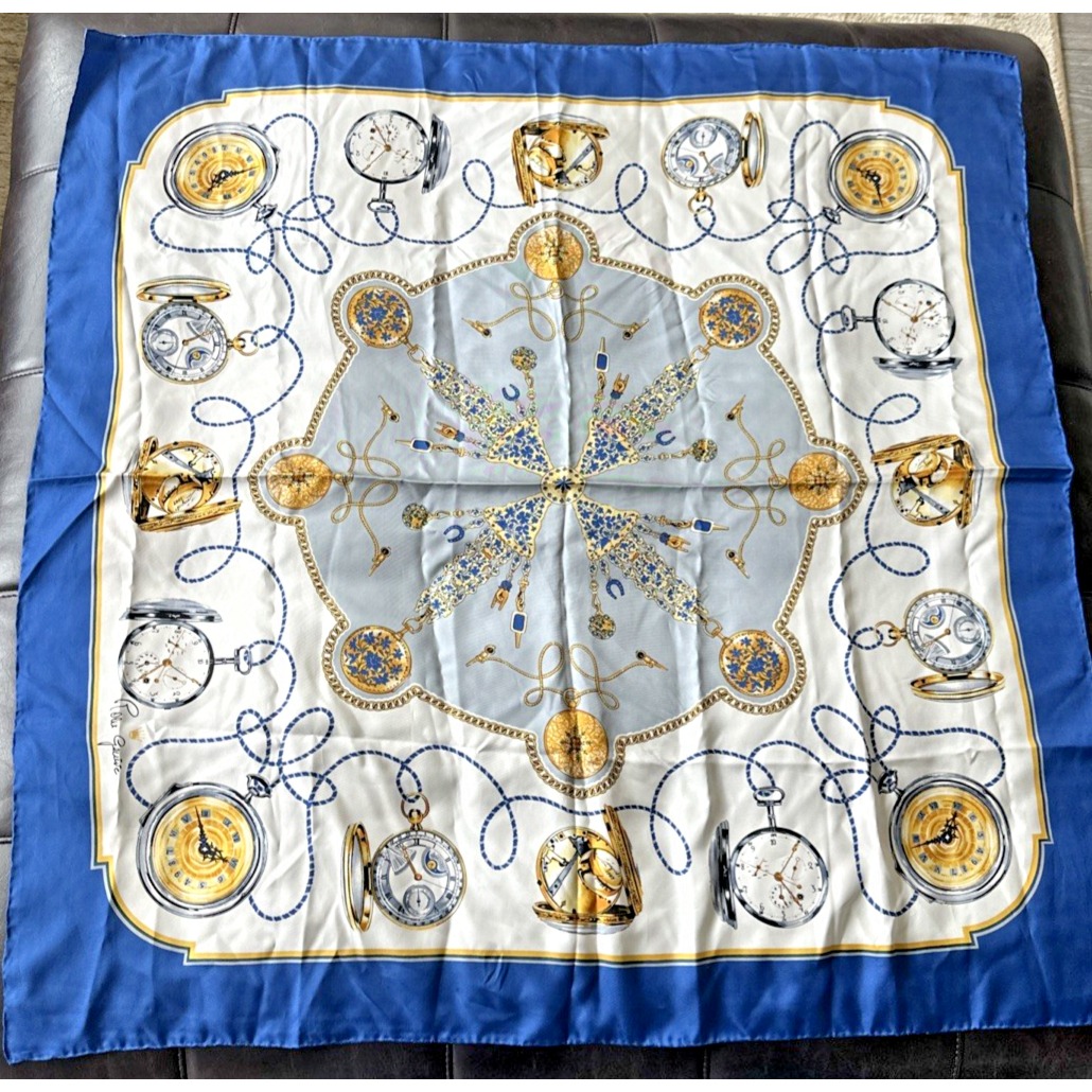Vintage Rolex Geneva Silk Scarf 100 Silk Blue White Clocks Timepiece Swiss1